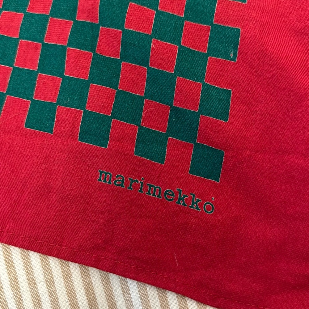 Marimekko cotton scarf, red and green checkerboard pattern